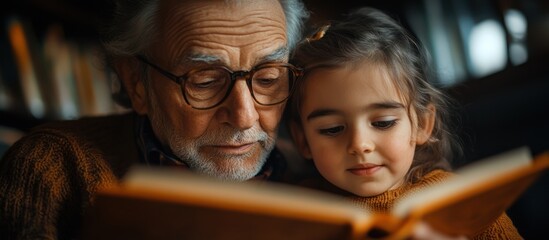 An elderly man with glasses reads a book with a little girl.