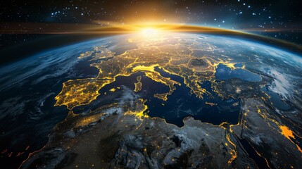 3D view of Earth from space with clouds and illuminated European regions