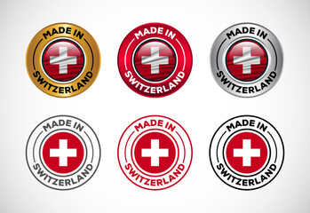 Obraz premium Made in Switzerland label icon with flag. Icon set for business, badge, seal, sticker, logo, and symbol