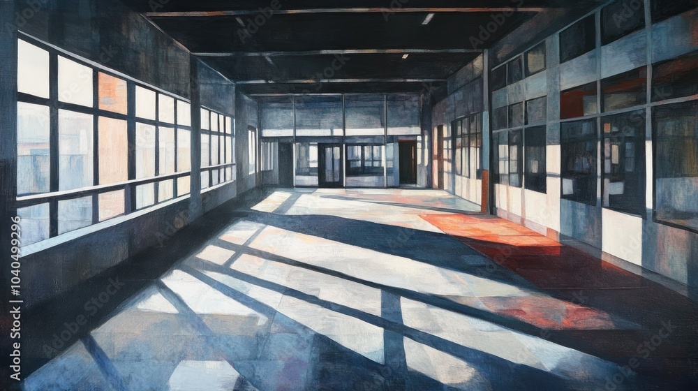 Poster sunlit interior of a modern building with windows and shadows