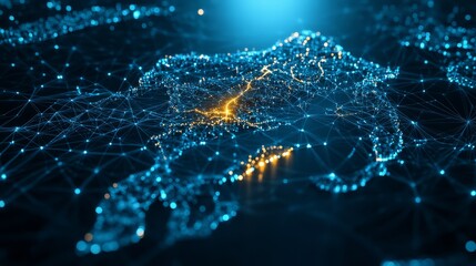 A 3D network map of the imaginary country, covered in glowing mesh lines and point clusters on a modern blue background
