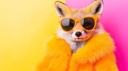 A fox wearing a neon orange fur coat and oversized sunglasses, lounging against a soft gradient of pastel pink blending into bright yellow.