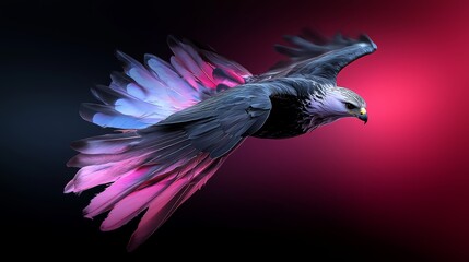 Fototapeta premium A hawk dressed in a black leather bodysuit, flying against a gradient that fades from deep crimson to midnight black.