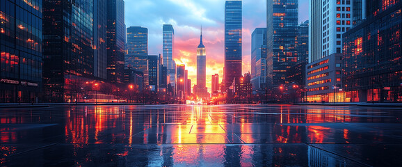 Modern city street with skyscrapers. Dawn. High detail.