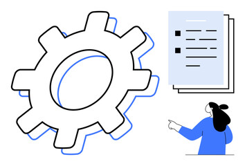 Large gear next to a checklist being indicated by a person. Ideal for concepts of productivity, task management, workflow, efficiency, and organization. Simple and modern style