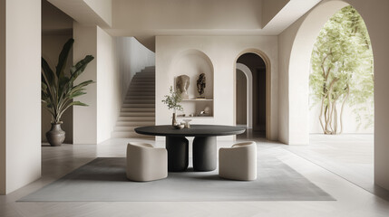 Fototapeta premium Minimalist interior design of modern dining area with round table, arched doorway, and decorative elements 