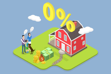 Naklejka premium 3D Isometric Flat Vector Illustration of Home Loan, Zero Percent Refinancing