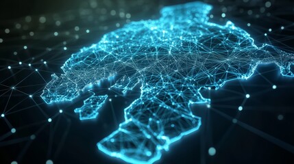 A 3D network map of the imaginary country, covered in glowing mesh lines and point clusters on a modern blue background