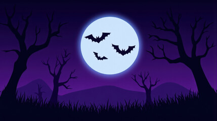 Fototapeta premium A spooky Halloween scene featuring a full moon casting an eerie glow over barren trees and flying bats. The purple night sky adds a mysterious and haunting atmosphere.
