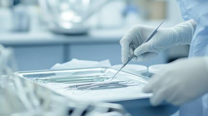 A dentist preparing dental instruments for a procedure in a clean and organized dental clinic, with sterilization equipment and dental chairs visible, Clinical style