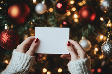 Female hands holding a mockup of a blank white card on the background of a Christmas tree decorated with gold and red balls. Banner template for Christmas text, secret notes and gifts