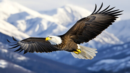 Obraz premium Majestic eagle soaring against snowy mountain backdrop, wings fully spread.