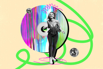 Composite trend artwork sketch photo collage of beige green vibrant color backdrop party clubber relax weekend sexy lady dance huge disk