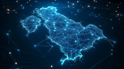 A 3D network map of the imaginary country, covered in glowing mesh lines and point clusters on a modern blue background