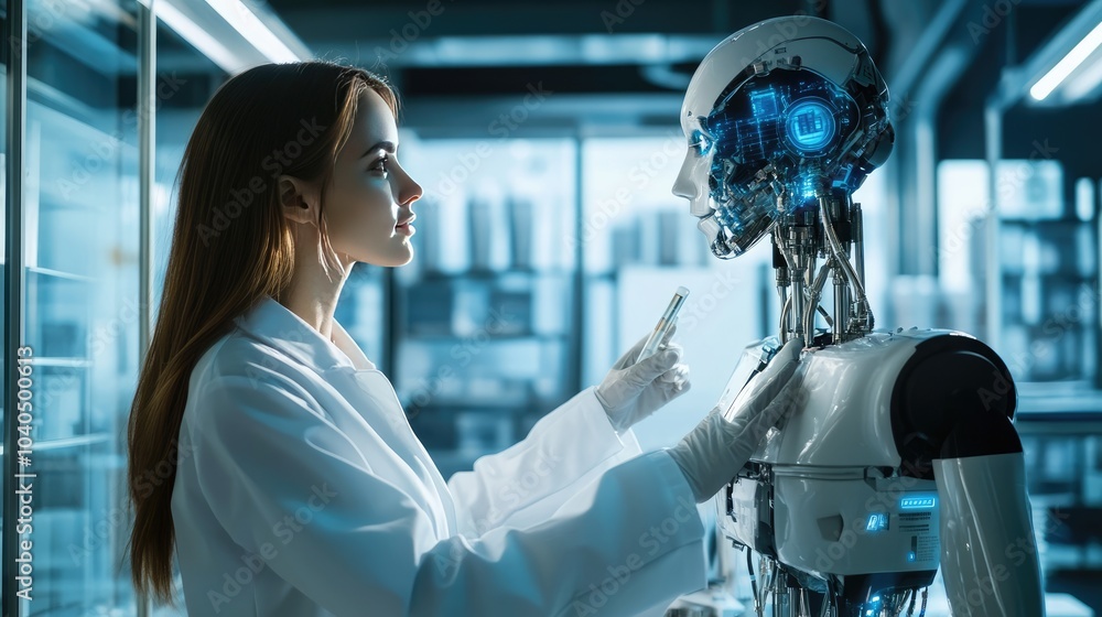 Poster exploring the intersection of humanity and robotics a scientist interacts with an advanced android i