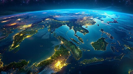Fototapeta premium 3D view of Earth from space with clouds and illuminated European regions