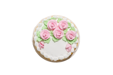 A cake with pink frosting and white frosting with roses on it. The cake is round and has a white base. Dessert on transparent background PNG.