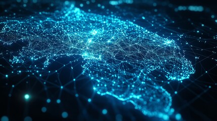 A 3D network map of the imaginary country, covered in glowing mesh lines and point clusters on a modern blue background