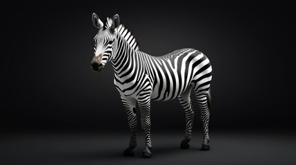 Fototapeta premium A zebra in a black leather bodysuit, posed elegantly against a dark gradient that fades from deep grey to shadowy black.