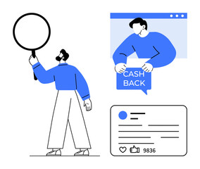 Man holding a magnifying glass, another person demonstrating cashback offer, social media post with likes and comments. Ideal for marketing, e-commerce, social media, online shopping, digital