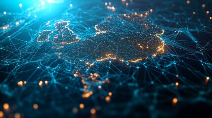 A 3D network map of the imaginary country, covered in glowing mesh lines and point clusters on a modern blue background