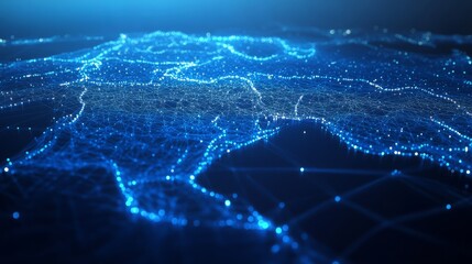 A 3D network map of the imaginary country, covered in glowing mesh lines and point clusters on a modern blue background