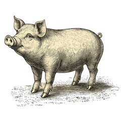Vintage illustration of a charming pig standing confidently, showcasing detailed features and character, isolated on a transparent background, perfect for animal lovers and rustic art enthusiasts, PNG