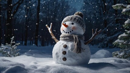 Obraz premium A cheerful snowman with a knit hat and scarf stands in a snowy forest illuminated by moonlight during a winter night