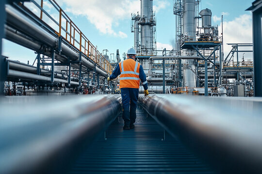 Worker inspecting industrial pipes at a refinery in broad daylight