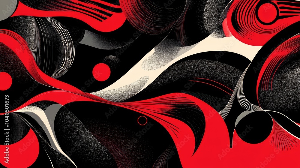 Poster dynamic flow of abstract patterns in bold red and black design