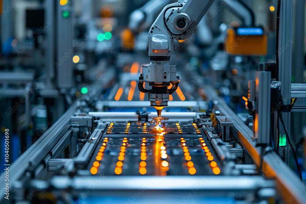 Poster robotic arm performs precision laser cutting in a high-tech factory