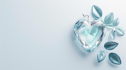 Elegant heart-shaped crystal with delicate leaves on a light blue background. Perfect for love, romance, and valentine's themes.
