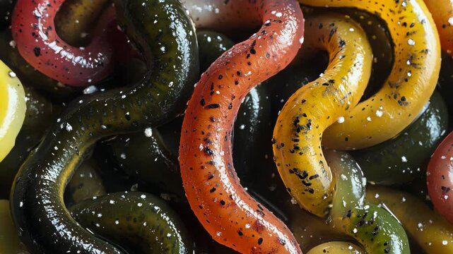 Colorful rubber worms are arranged in a close-up image, perfect for attracting fish