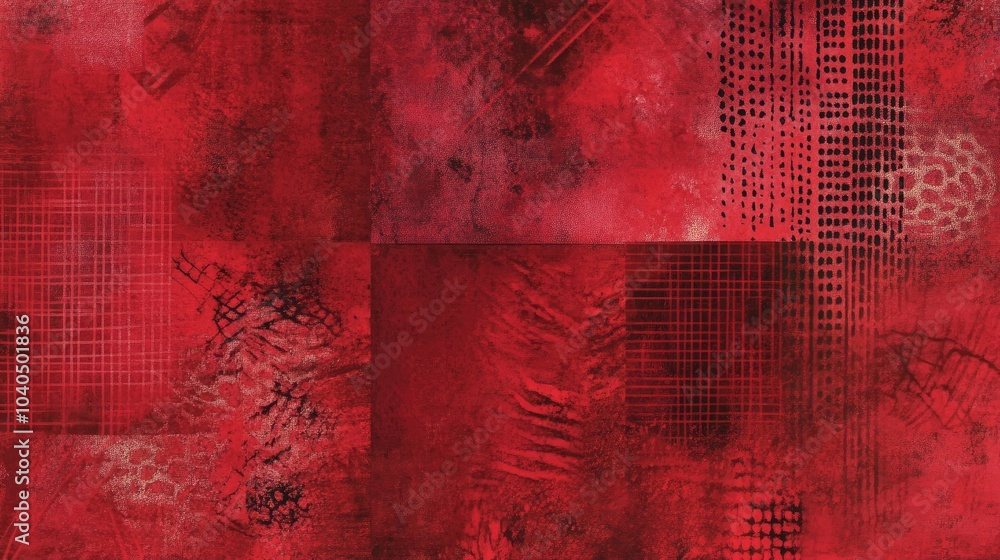 Poster vibrant red abstract textures with geometric patterns and grunge elements for modern design projects