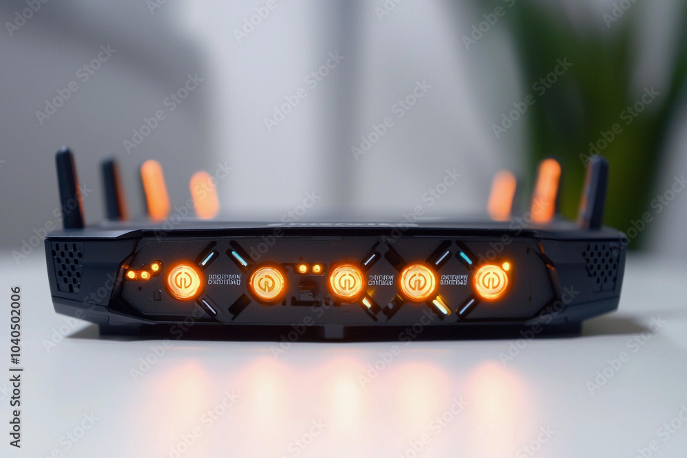 Poster home router with illuminated status lights on a table setting