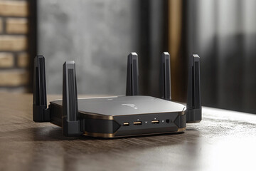 Modern wireless router with antennas on a wooden table in a cozy room