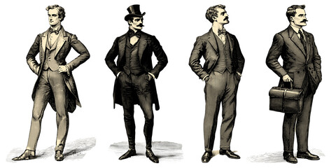 Vintage illustration of four gentlemen in various formal attires isolated on a transparent background featuring distinct styles and accessories, PNG