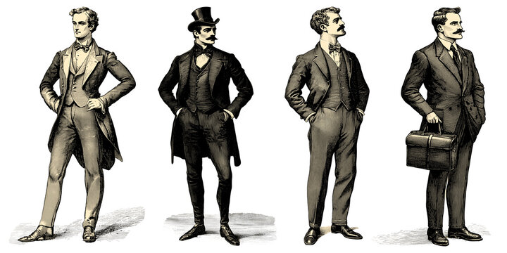 Vintage illustration of four gentlemen in various formal attires isolated on a transparent background featuring distinct styles and accessories, PNG