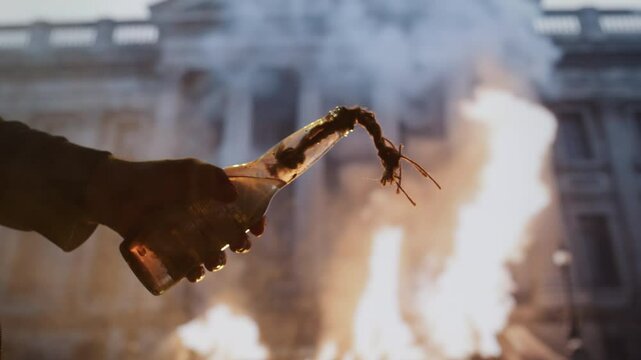 Molotov Cocktail Thrown In Riot Street Protest Urban Unrest Civil Disobedience