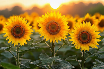 Obraz premium Sunflowers blooming at sunset in a vibrant summer field
