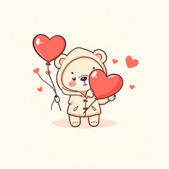 Cute bear character holding a heart and balloons against a soft background, perfect for Valentine's Day illustration