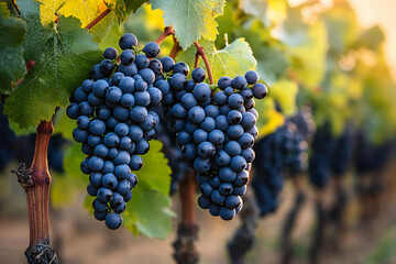 Fototapeta premium Grapes growing in a vineyard during early morning light