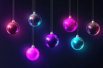 Minimalist hanging elegant neon christmas balls on dark color