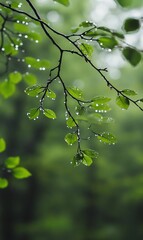 Dewy green leaves on branch against blurred background.