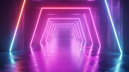 Fototapeta premium Create a vibrant 3D abstract background featuring a neon-lit tunnel.