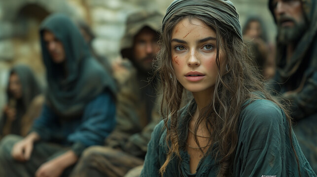 Poor people in rags and dirty sitting on concrete walls, with dust covering their faces.