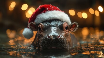 Fototapeta premium A playful hippo calf wearing a Santa hat stands in shallow water during the festive season