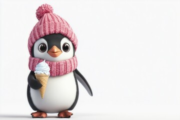 Fototapeta premium cartoon little penguin in a bright knitted hat and scarf holding an ice cream cone on a white background