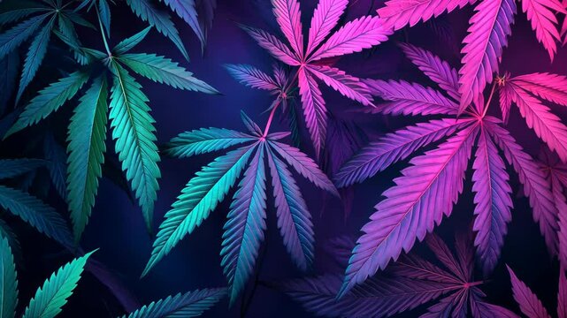 A close-up view of cannabis leaves glowing in vibrant blue and purple hues under an artificial light