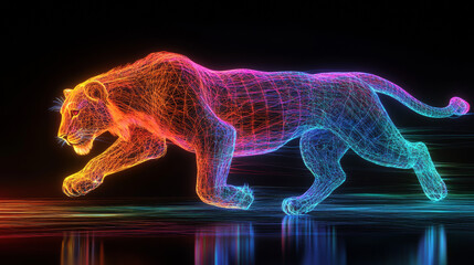 3D render art of a wild beast, depicting a lion in mid-run attack motion, designed with a wire mesh structure and illuminated by neon glowing laser light lines in a rainbow gradient, set against a bla